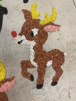 Melted Plastic Popcorn Santa In Sleigh and 5 Rudolph Red Nose Reindeer VTG