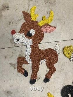 Melted Plastic Popcorn Santa In Sleigh and 5 Rudolph Red Nose Reindeer VTG