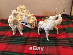 Member's Mark Gold & White Porcelain Santa Reindeer & Sleigh withBox-EUC