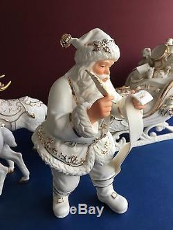 Member's Mark White Porcelain Santa, Sleigh & 2 Reindeer Set W Box Christmas