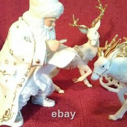 Members Mark Porcelain Christmas Figures Santa Sleigh & 2 Reindeer Gold Accents
