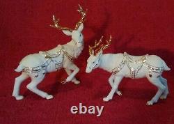 Members Mark Porcelain Christmas Figures Santa Sleigh & 2 Reindeer Gold Accents