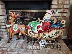 Metal Santa Sleigh And Reindeer Enamel Finish Yard Art 24 Tall