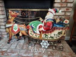 Metal Santa Sleigh And Reindeer Enamel Finish Yard Art 24 Tall