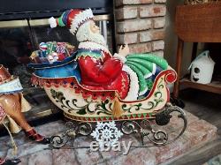 Metal Santa Sleigh And Reindeer Enamel Finish Yard Art 24 Tall