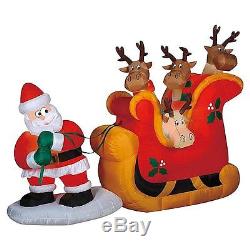 New! Christmas Inflatable Santa Pulling Reindeer In Sleigh Airblown Outdoor