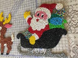 NEW Christmas Melted Plastic Popcorn Decoration Santa Sleigh +3 Reindeer Vintage