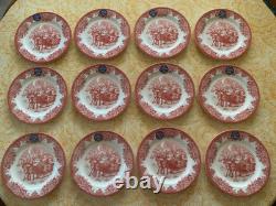 NEW Set of 12 Royal Stafford Reindeer Sleigh Santa Salad Plates Red/Pink