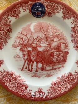 NEW Set of 12 Royal Stafford Reindeer Sleigh Santa Salad Plates Red/Pink