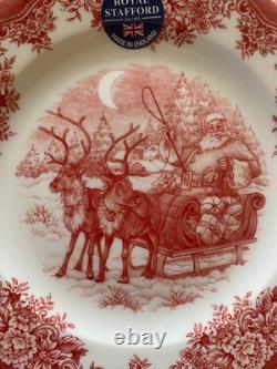 NEW Set of 12 Royal Stafford Reindeer Sleigh Santa Salad Plates Red/Pink