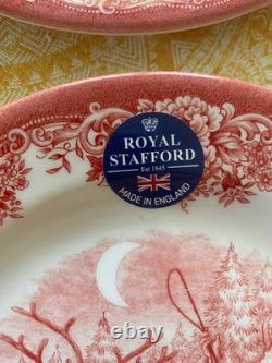NEW Set of 12 Royal Stafford Reindeer Sleigh Santa Salad Plates Red/Pink