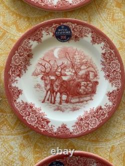 NEW Set of 12 Royal Stafford Reindeer Sleigh Santa Salad Plates Red/Pink