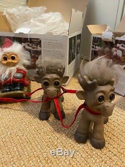 NIB Thomas Dam Lykketrold Santa Troll in Sleigh with2 Reindeer Troll Dolls RARE