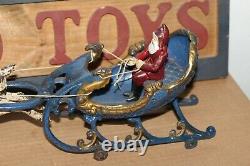 NICE c1906 Hubley Cast Iron Santa in Sleigh with Reindeer Toy #707