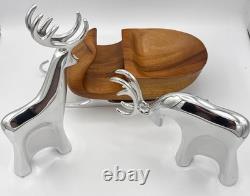 Nambe Polished Aluminum and Acacia Wood Sleigh with Reindeer Christmas Santa Claus