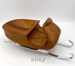 Nambe Polished Aluminum and Acacia Wood Sleigh with Reindeer Christmas Santa Claus