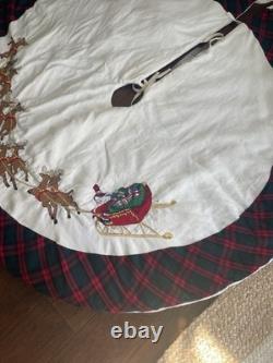 Needlepoint Vintage Christmas Tree Skirt 53 Santa Sleigh & Reindeer Flaws