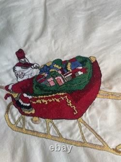 Needlepoint Vintage Christmas Tree Skirt 53 Santa Sleigh & Reindeer Flaws