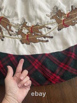 Needlepoint Vintage Christmas Tree Skirt 53 Santa Sleigh & Reindeer Flaws