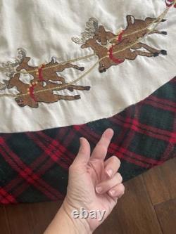 Needlepoint Vintage Christmas Tree Skirt 53 Santa Sleigh & Reindeer Flaws