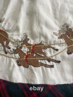 Needlepoint Vintage Christmas Tree Skirt 53 Santa Sleigh & Reindeer Flaws
