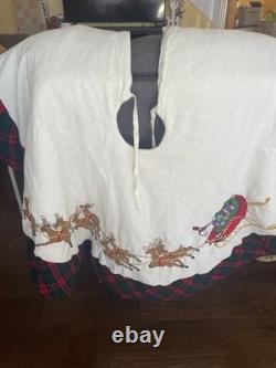 Needlepoint Vintage Christmas Tree Skirt 53 Santa Sleigh & Reindeer Flaws