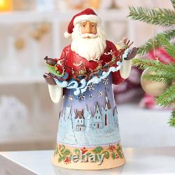 New JIM SHORE Santa Figurine MIDNIGHT CHRISTMAS SKY Reindeer Sleigh Snowy Town