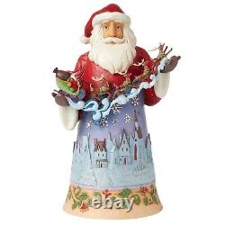 New JIM SHORE Santa Figurine MIDNIGHT CHRISTMAS SKY Reindeer Sleigh Snowy Town
