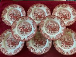 New Set of 8 Royal Stafford Red Sleigh Reindeer Santa Christmas Dinner Plates