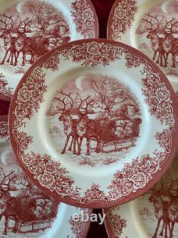 New Set of 8 Royal Stafford Red Sleigh Reindeer Santa Christmas Dinner Plates