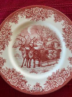 New Set of 8 Royal Stafford Red Sleigh Reindeer Santa Christmas Dinner Plates