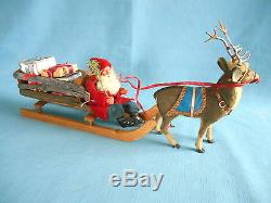 Old 18 Germany SANTA withSLEIGH & REINDEER Metal Antlers Composition Wood Present
