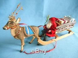 Old 18 Germany SANTA withSLEIGH & REINDEER Metal Antlers Composition Wood Present