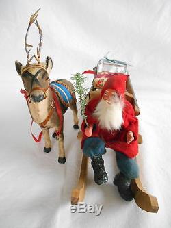 Old 18 Germany SANTA withSLEIGH & REINDEER Metal Antlers Composition Wood Present
