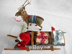 Old 18 Germany SANTA withSLEIGH & REINDEER Metal Antlers Composition Wood Present