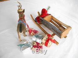 Old 18 Germany SANTA withSLEIGH & REINDEER Metal Antlers Composition Wood Present