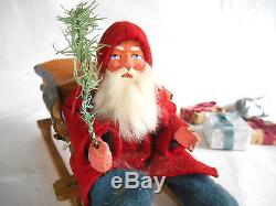 Old 18 Germany SANTA withSLEIGH & REINDEER Metal Antlers Composition Wood Present