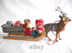 Old 18 Germany SANTA withSLEIGH & REINDEER Metal Antlers Composition Wood Present