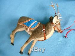 Old 18 Germany SANTA withSLEIGH & REINDEER Metal Antlers Composition Wood Present