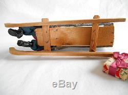 Old 18 Germany SANTA withSLEIGH & REINDEER Metal Antlers Composition Wood Present