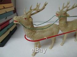 Old 1920's Celluloid Santa in Sled with 2 Glass Eye Celluloid Reindeer 17 x 6
