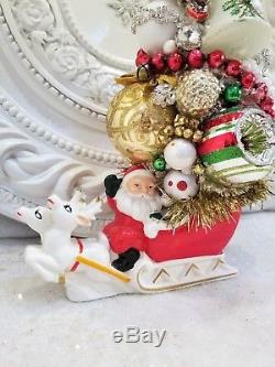 Old Santa planter bottle brush tree vtg ornaments RHINESTONE lot sleigh reindeer