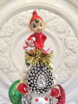 Old Santa planter bottle brush tree vtg ornaments RHINESTONE lot sleigh reindeer