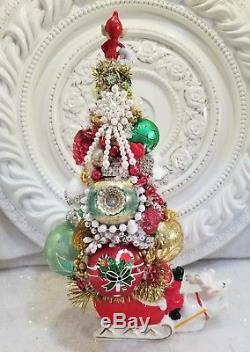 Old Santa planter bottle brush tree vtg ornaments RHINESTONE lot sleigh reindeer