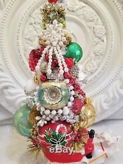 Old Santa planter bottle brush tree vtg ornaments RHINESTONE lot sleigh reindeer