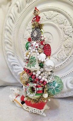 Old Santa planter bottle brush tree vtg ornaments RHINESTONE lot sleigh reindeer