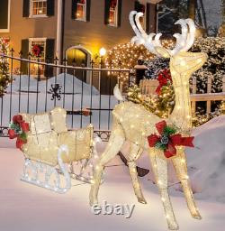 Outdoor Christmas Yard Decoration Lighted LED Santa Sleigh With Reindeer White