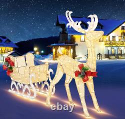 Outdoor Christmas Yard Decoration Lighted LED Santa Sleigh With Reindeer White