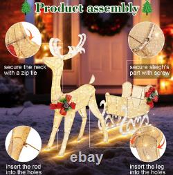 Outdoor Christmas Yard Decoration Lighted LED Santa Sleigh With Reindeer White
