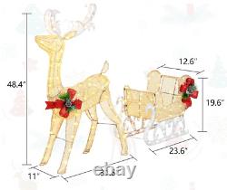 Outdoor Christmas Yard Decoration Lighted LED Santa Sleigh With Reindeer White